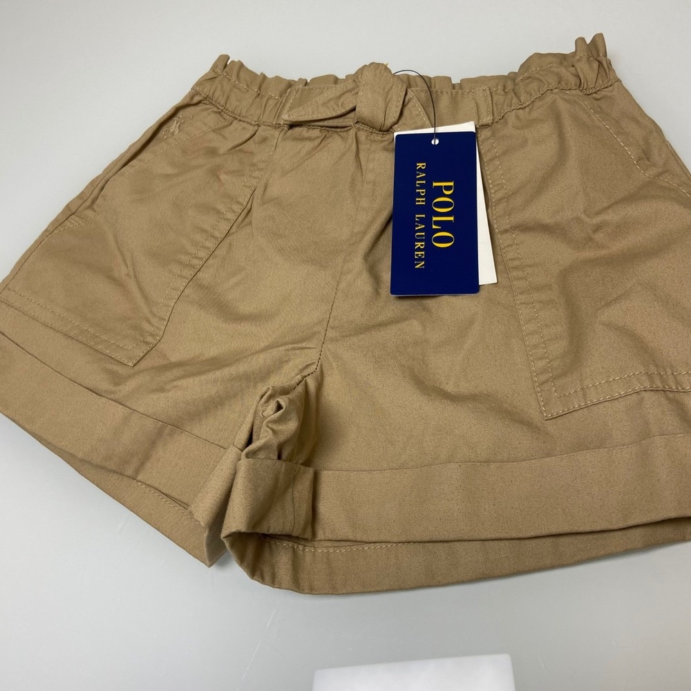 Polo Ralph Lauren Girls 5 Khaki Cotton Twill Paperbag Shorts NEW Pony Logo Tie